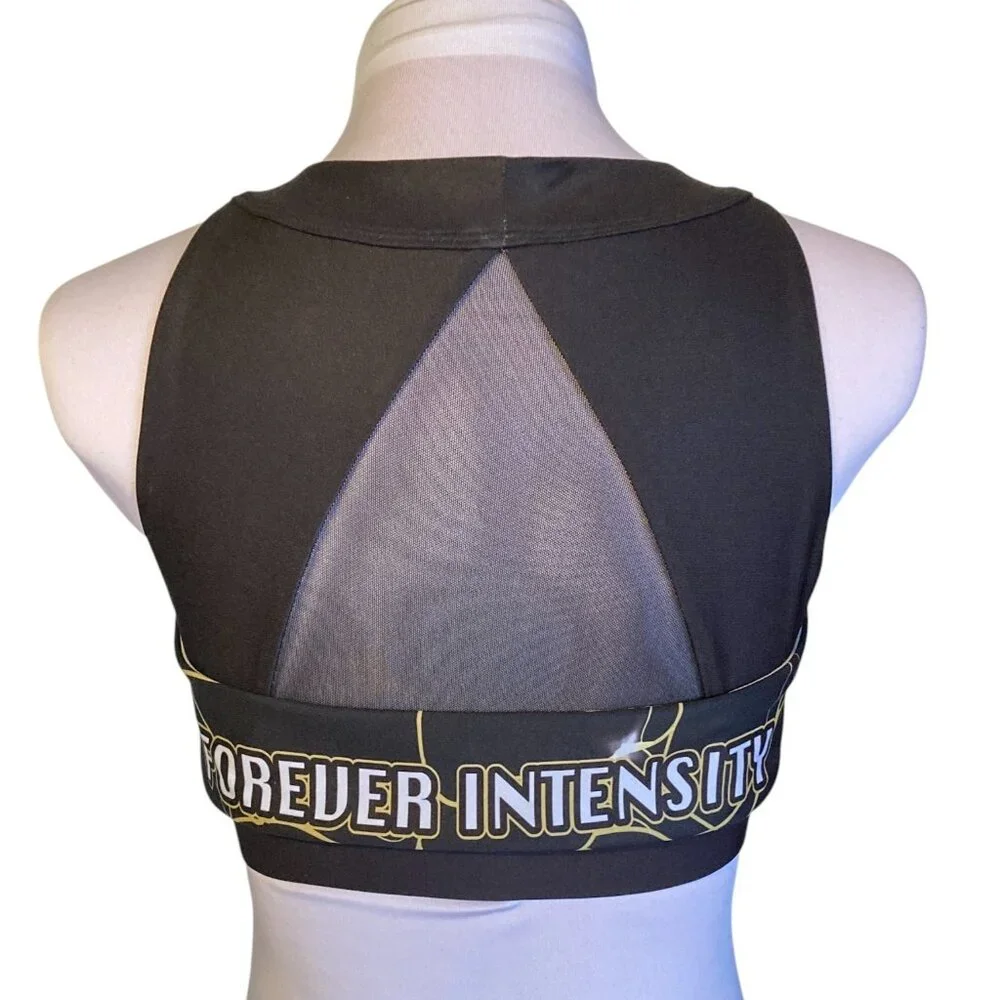 Forever Intensity Sports‎ Bra, Size Medium, Black Gold Mesh Stretchy Electric